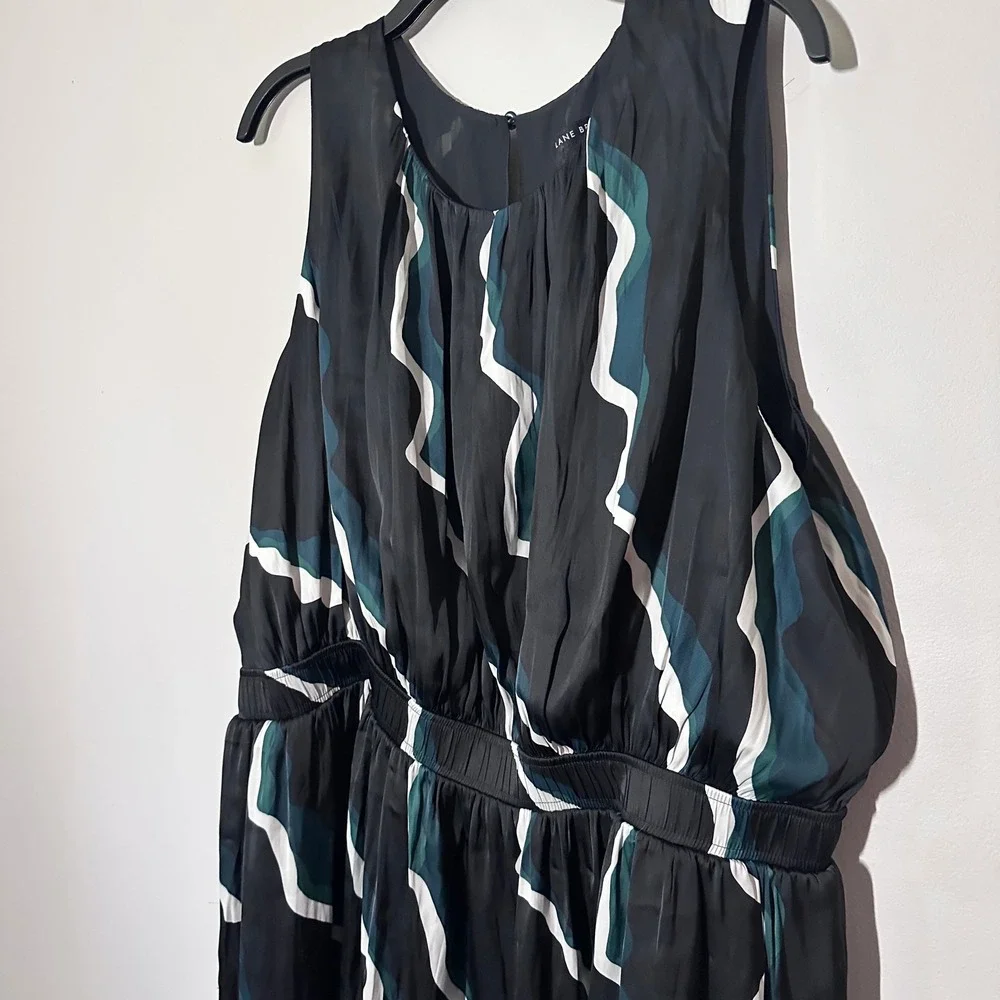 Lane Bryant Women 20 Black Abstract‎ Wave Print Sleeveless Midi Dress Ruffle Hem